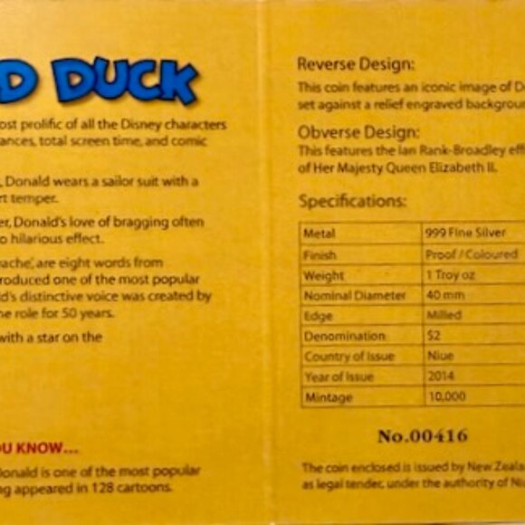 2014 NIUE S$2 Disney Donald Duck Colorized NGC PF 70 UCAM original package - Picture 3 of 6